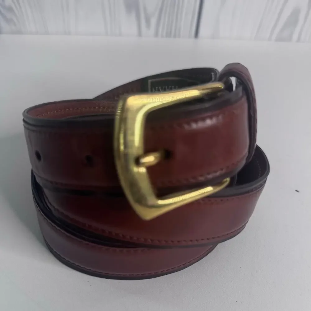 Vtg Cole Haan Belt Genuine Leather Mens Size 34 Brass USA Brown